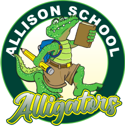 Logo for Allison School Alligators featuring a cartoon alligator wearing a blue backpack, holding a book and pencil, and stepping out of a circular green frame.